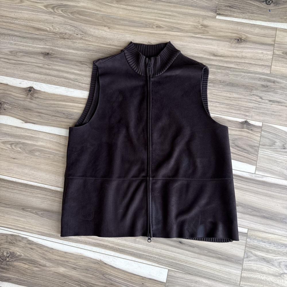 J. Jill Womens Brown Mixed Media Faux Suede Ribbed‎ Knit Zip Up Vest Large